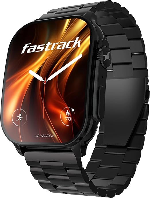 Titan Fastrack Horizon S1 Smart Watch 1.96" Amoled Arched Display, Functional Crown, Bt Calling, Health Suite, Gun Metal Case Black Silicone Strap