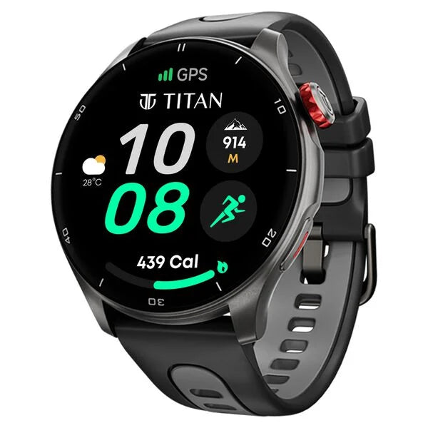 Titan Celestor Smart Watch 1.43"Amoled Round Display, Opto-mechanical Crown, In-built Gps, Altimeter, Barometer, Compass, Bt Calling Black/black