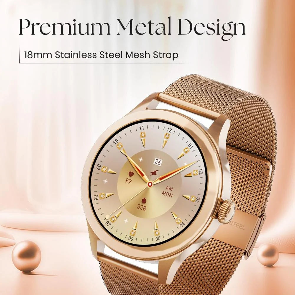 Titan Fastrack Vybe Women's Smart Watch 1.19" Amoled Round Health Suite Women's Health Bt Calling Metal Rose Gold