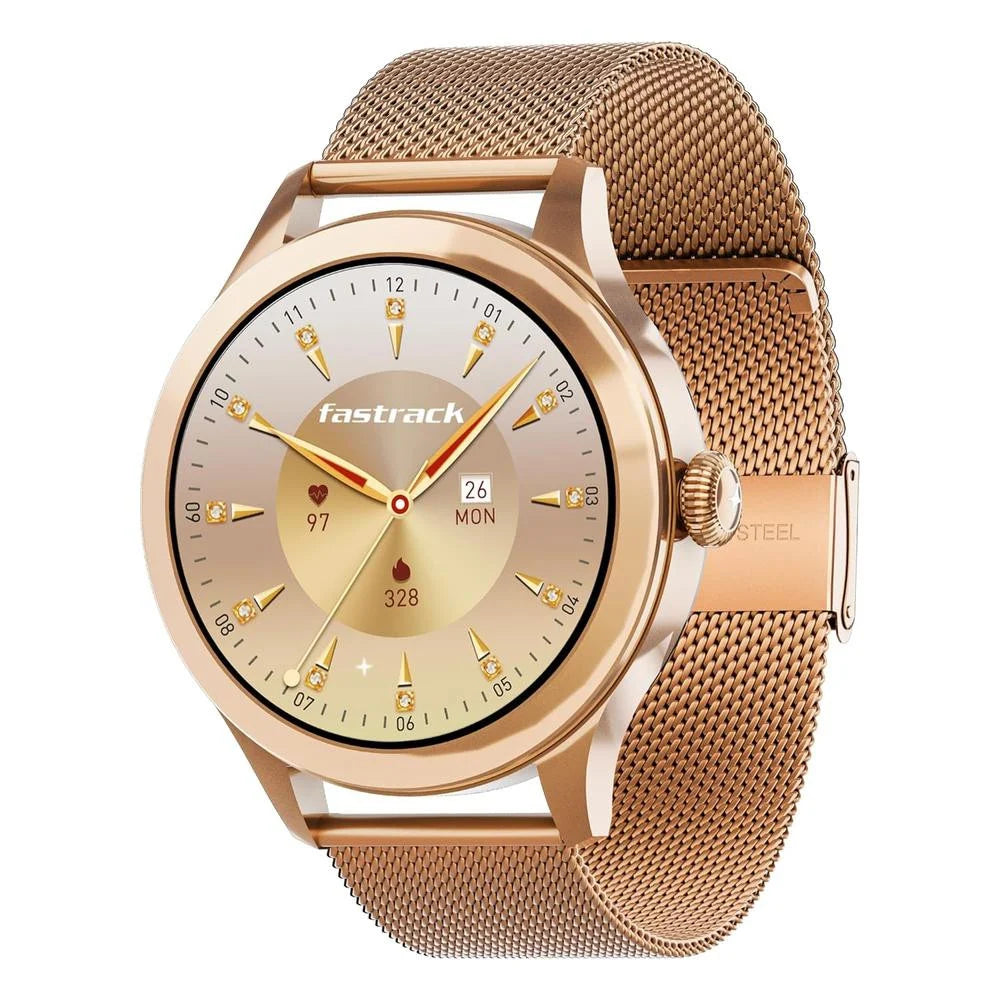Titan Fastrack Vybe Women's Smart Watch 1.19" Amoled Round Health Suite Women's Health Bt Calling Metal Rose Gold