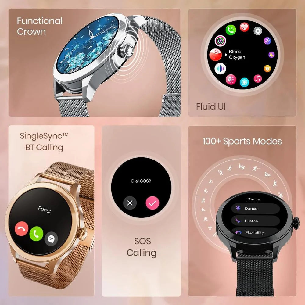 Titan Fastrack Vybe Women's Smart Watch 1.19" Amoled Round Health Suite Women's Health Bt Calling Metal Rose Gold