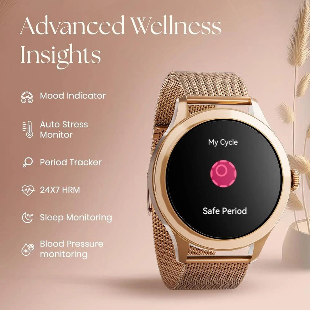 Titan Fastrack Vybe Women's Smart Watch 1.19" Amoled Round Health Suite Women's Health Bt Calling Metal Rose Gold