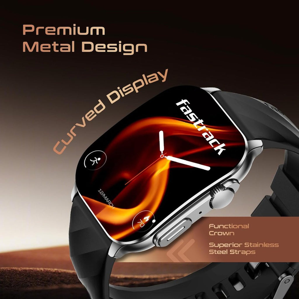 Titan Fastrack Horizon S1 Smart Watch 1.96" Amoled Arched Display, Functional Crown, Bt Calling, Health Suite,  Gun Metal Case Black Silicone Strap